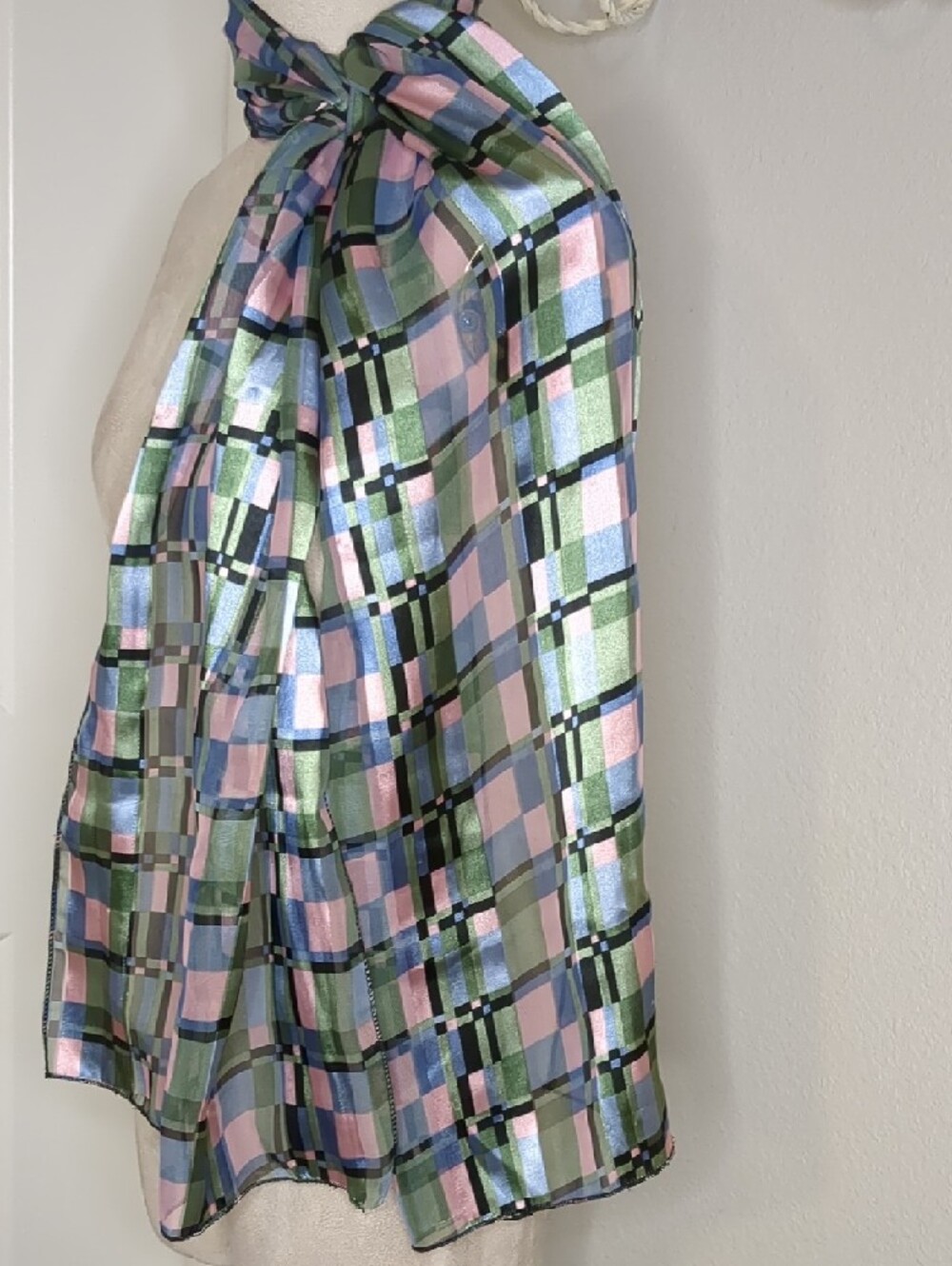 Vintage Pastel Geometric Organza Scarf In Pink, Green, & Blue 60" - Picture 5 of 9